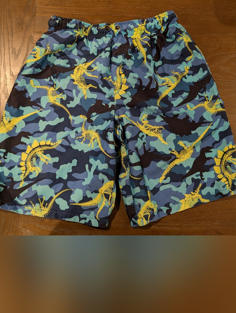 Wonder Nation Blue Camo With Yellow Dinosaur Skeletons Boys' Swim Trunks